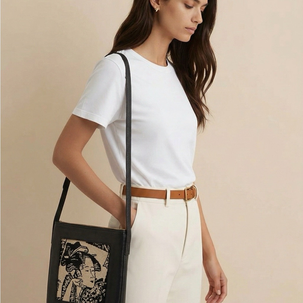 Lee’s Black Geisha Stitched Leather Graphic Panel Crossbody Bag - Women